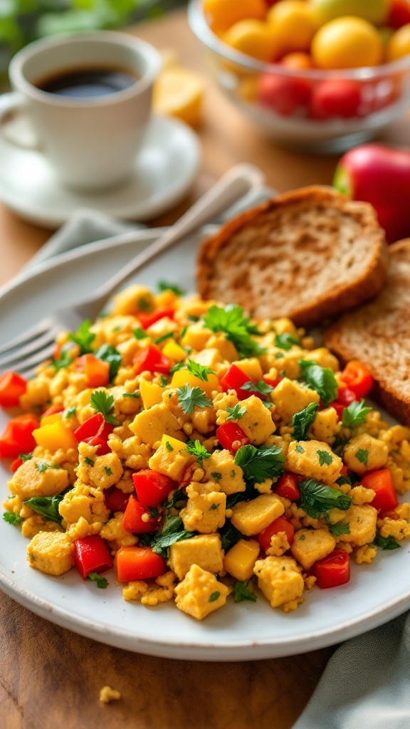 A colorful vegan tofu scramble with bell peppers and herbs, served on a plate with toast.